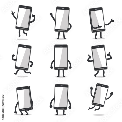 Cartoon smartphone character poses with empty screen for design.