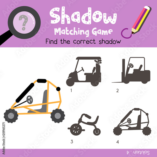 Shadow matching game of Dune buggy side view transportations for preschool kids activity worksheet colorful version. Vector Illustration.