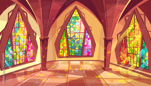 Ballroom vector illustration of royal gothic palace hall with stained glass windows and sun reflection on tiled floor. Flat cartoon ball room or king apartment and museum interior background