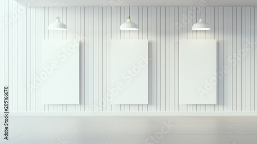 Empty white poster on white wooden wall and interior design / 3d render image