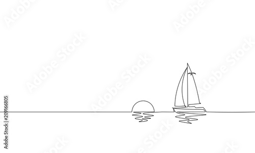 Single continuous one line art sunny ocean travel vacation. Sea voyage sunrise holiday tropical island ship yacht luxury journey sunset concept design sketch outline drawing vector illustration photo