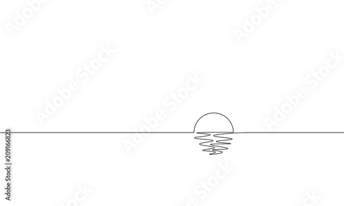 Single continuous one line art sunny ocean view. Sea voyage sunrise holiday tropical luxury journey sunset concept design sketch outline drawing vector illustration