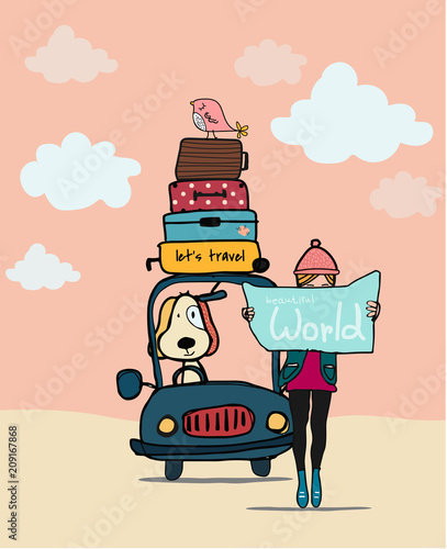 vector doodle hand drawn a lady looking at a map with cute dog and a car and travel luggage 