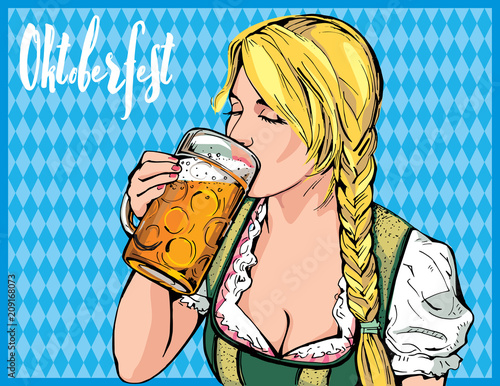 Oktoberfest Beer Festival. Vector illustration of a young girl holding a glass of beer in hand and a sipping sip.