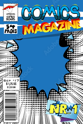 Editable comic book cover with abstract explosion background.