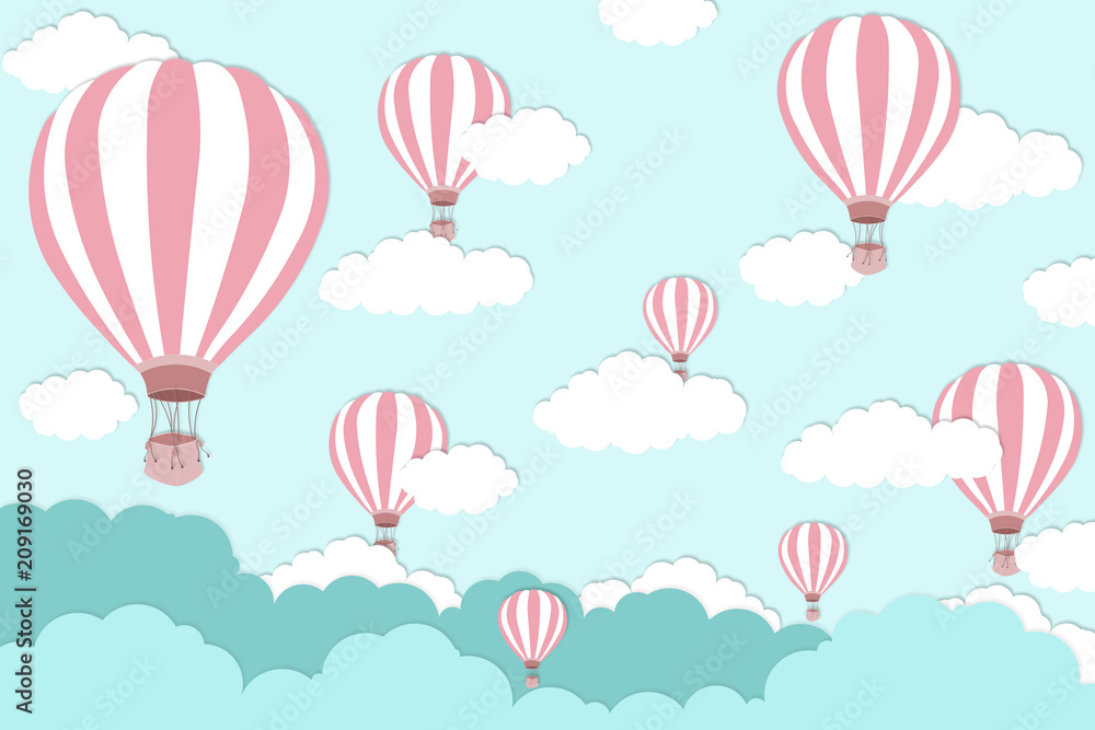 Fototapeta premium Pink balloon on bright blue sky background - Balloon artwork for International balloon festival - illustration