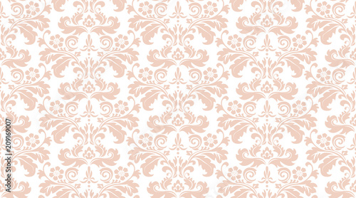Wallpaper in the style of Baroque. A seamless vector background. White and pink floral ornament. Graphic pattern for fabric, wallpaper, packaging. Ornate Damask flower ornament