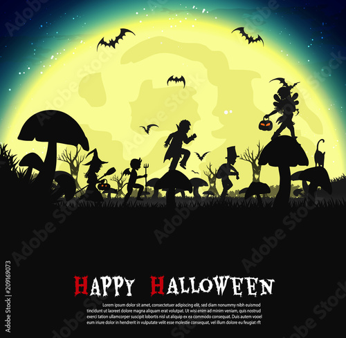 A group of kids are running happily on Halloween night.Halloween background from vector Note to editor 