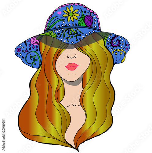 Vector young pretty girl with doodle  golden hairs wearing blue hat. Fashion illustration.