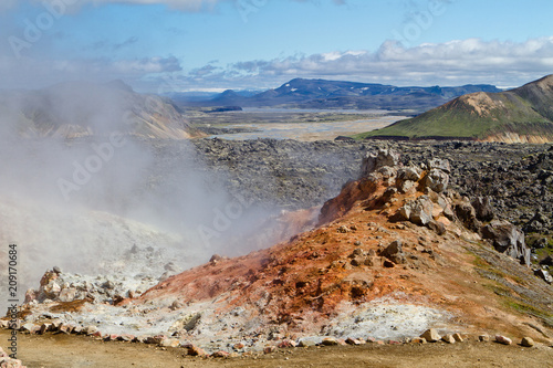 Icelandic mountain landscape. Hot springs and volcanic mountains in the Landmannalaugar geotermal area. One of the parts of Laugavegur trail