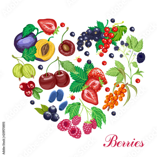 Vector heart made of various berries