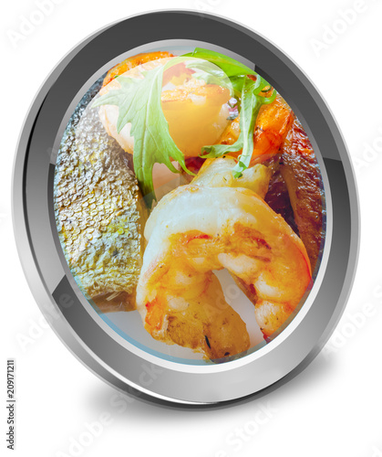 Foto bouton trilogie de la mer, poissons et crevettes grillés, sauce tartare