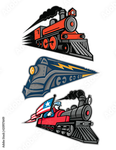 Mascot icon illustration set of vintage steam locomotive or steam engine railway train speeding up  viewed from side  on isolated background in retro style.