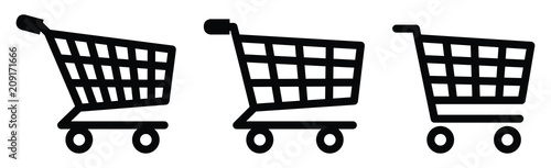 Shopping cart icon. Symbol used to add items to basket in eshop. Three versions, complex to more simple.