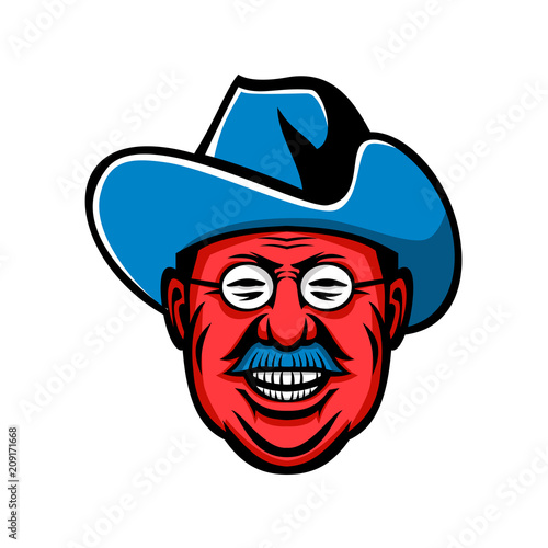 Mascot icon illustration of head of Theodore Roosevelt, American president and commander of Rough Riders viewed from front on isolated background in retro style.