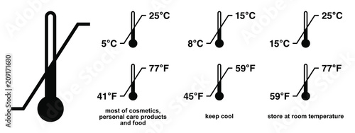 Storage temperature range symbol. Black thermometer icon with diagonal line and degrees sign value. Some standard versions and legend included.