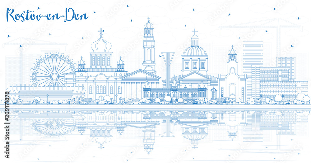 Outline Rostov-on-Don Russia City Skyline with Blue Buildings and Reflections.