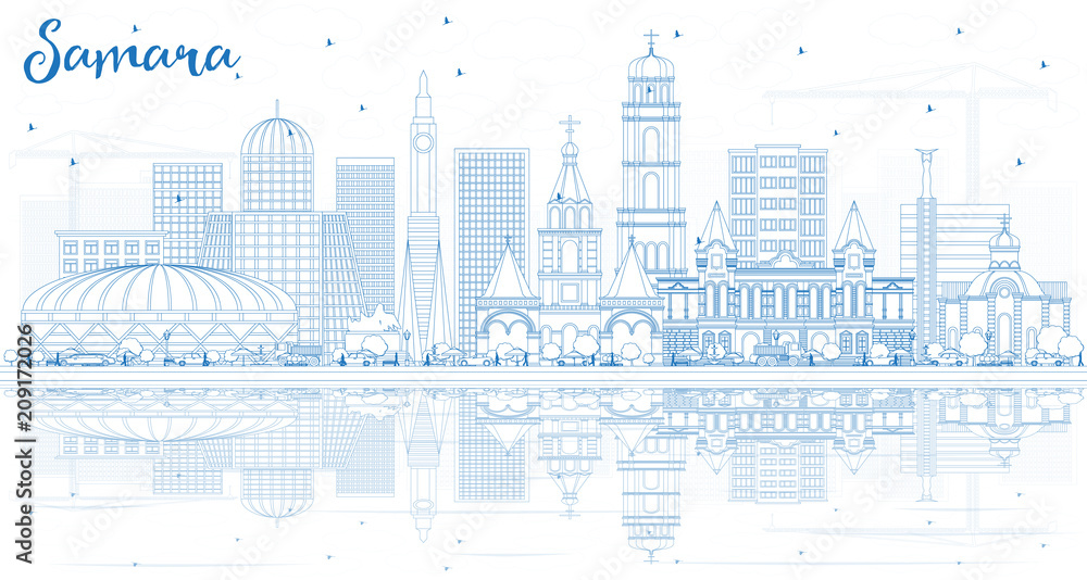 Outline Samara Russia City Skyline with Blue Buildings and Reflections.