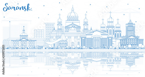 Outline Saransk Russia City Skyline with Blue Buildings and Reflections.