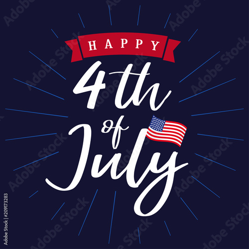 Happy 4th of July, Independence Day of USA lettering design. Happy Independence Day United States of America vector calligraphic blue background. Fourth of July sale illustration