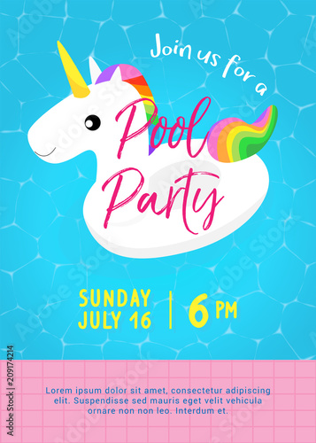 Pool party invitation vector illustration. Swimming pool with Cute unicorn pool float and floating on water