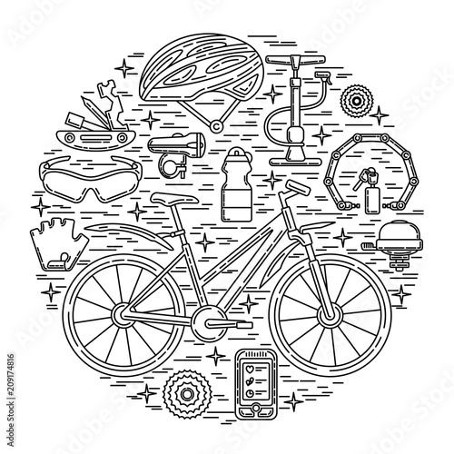 Creative round vector illustration of active lifestyle. Editable stroke design element. Perfect for sport club, bicycle rental and spare parts shop.
