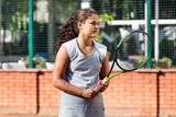 teenager tennis player girl training court girl racket ball brunette long hair sun portrait learn green summer green
