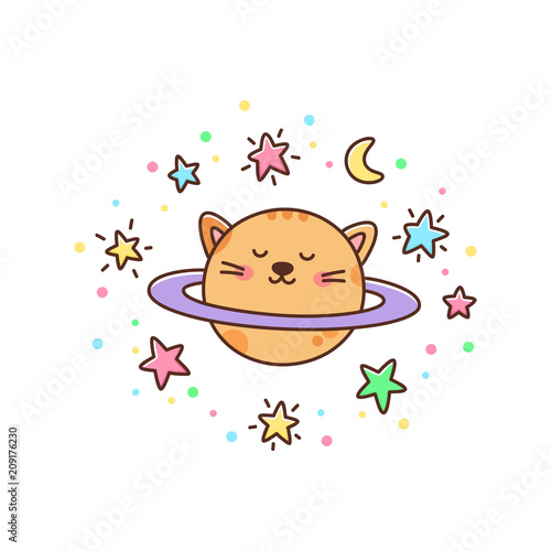 Cute cat planet and stars, moon on a white background. It can be used for sticker, patch, phone case, poster, t-shirt, mug and other design.