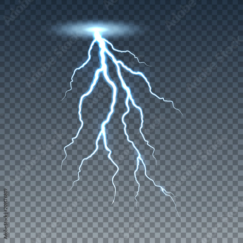 Realistic lightning and thunder bolt. Illustration isolated on transparent background. Graphic concept for your design