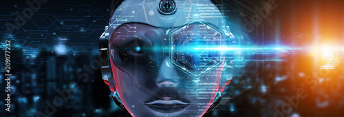 Cyborg head using artificial intelligence to create digital interface 3D rendering