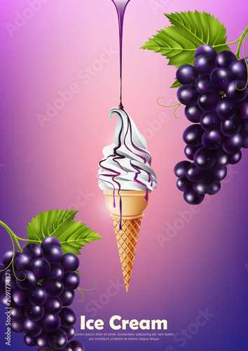 Ice cream in the cone, Pour purple grape syrup and  table grapes background, illustration Vector