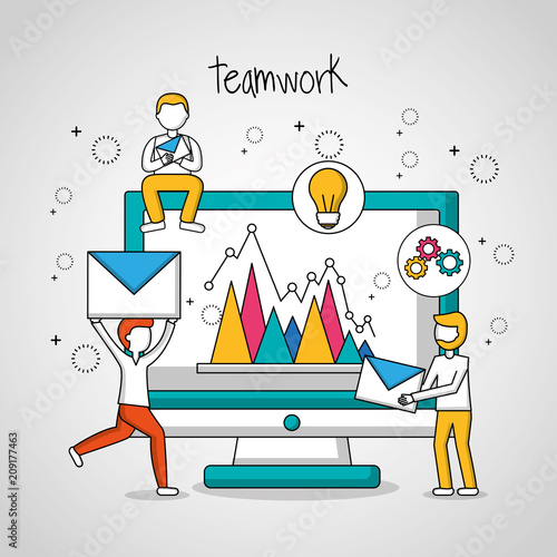 people teamwork computer showing progress statitics boy holding message bulb idea vector illustration photo