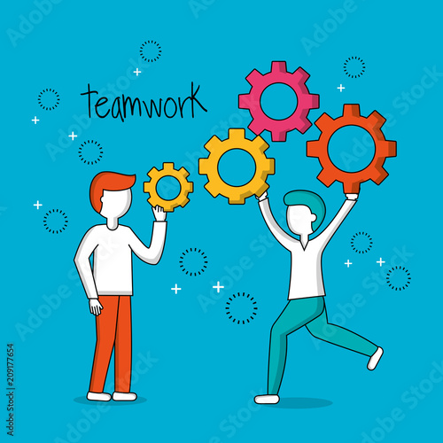people teamwork two boys holding gears tools progress vector illustration