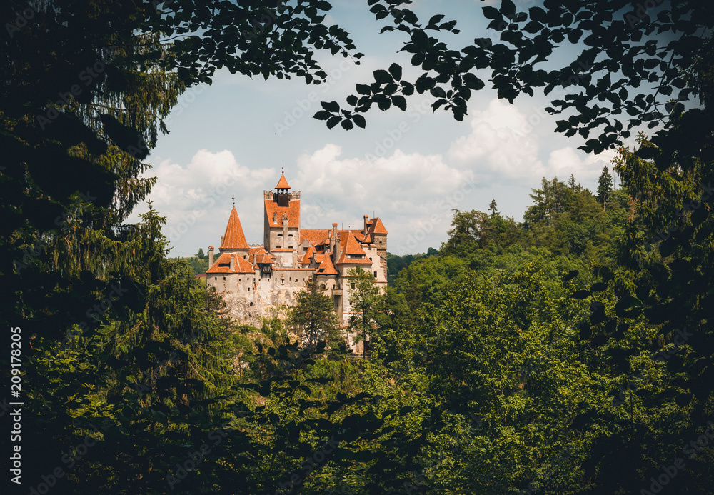 Obraz premium Bran Castle among the forests of the Carpathian Mountains. Abode of Dracula in Transylvania