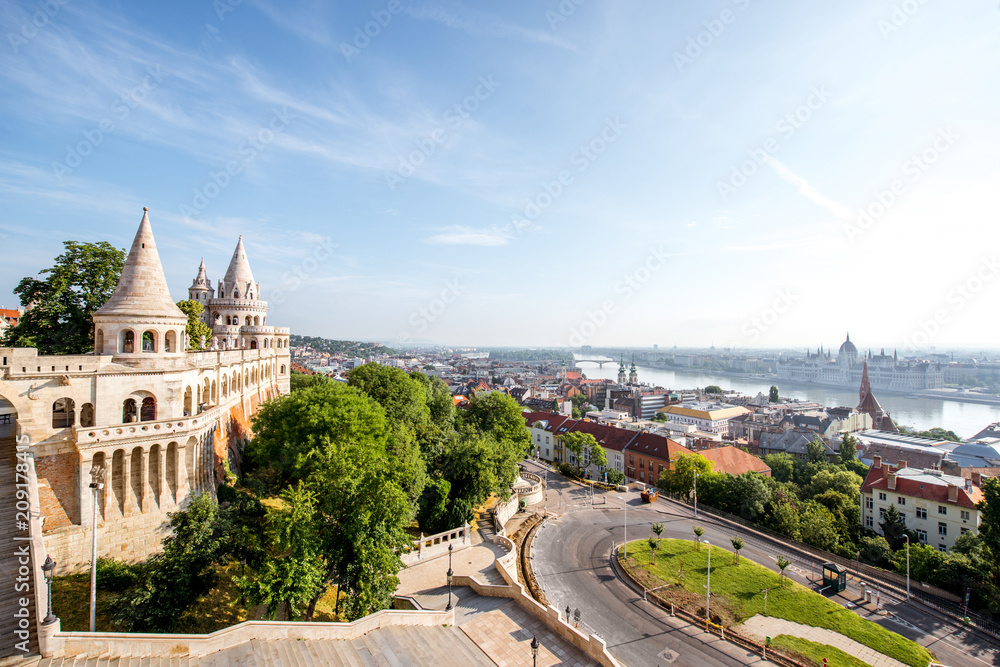 Cityscape view on Budapest with Fisherman's bastion during the morning light in Hungary