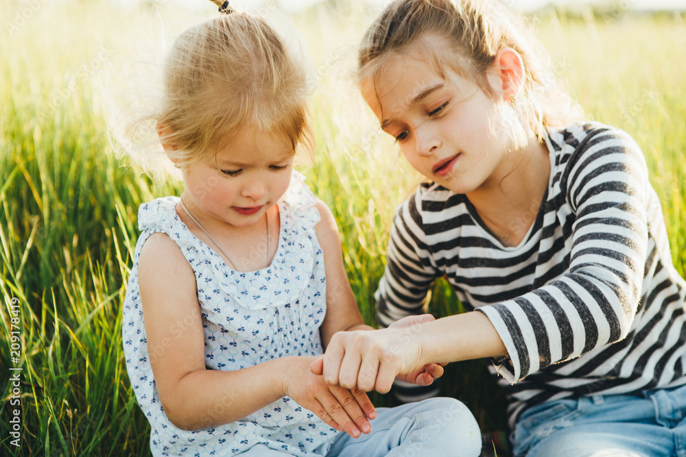 Little girls are looking at insects in the green grass on the field. Little girls are looking at insects in the green grass on the field.