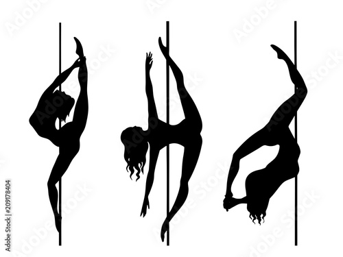 set of vector silhouette of girl and pole on a white background. Pole dance illustration for fitness, striptease dancers, exotic dance. Illustration EPS10 for logotype, badge, icon, logo, banner, tag.