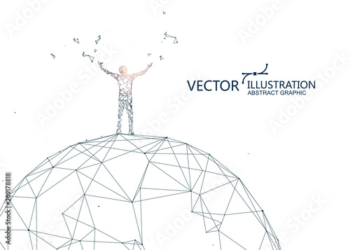 A person is standing on the sphere, conceptual graphic design.