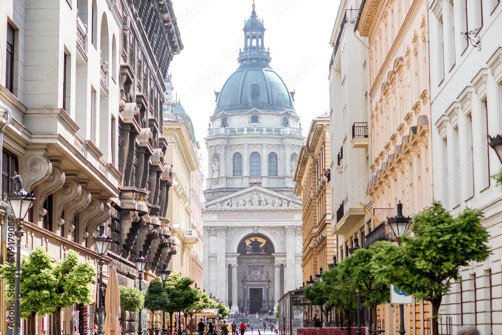 Street view with famous saint Stephen cathedral in Budapest city, Hungary