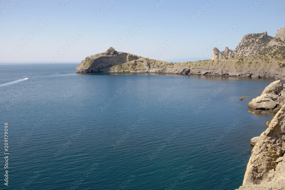 Bay of the Black sea near the mountain Cape, like a dinosaur. Crimea.