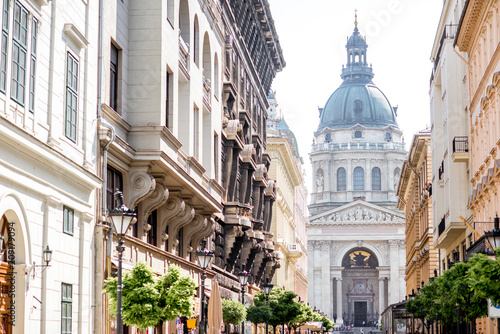Street view with famous saint Stephen cathedral in Budapest city  Hungary