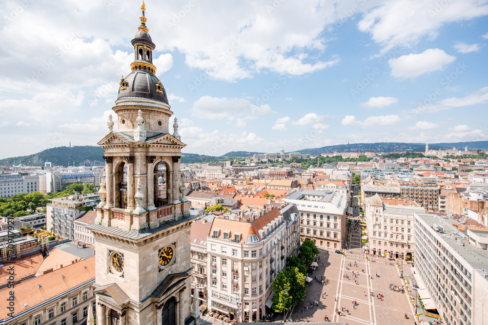 Aerial cityscape view from saint Stephen church on the old town with bell tower in Budapest city, Hungary