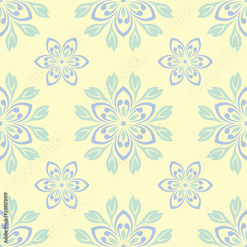 Seamless background with floral pattern. Beige background with light blue and green flower elements