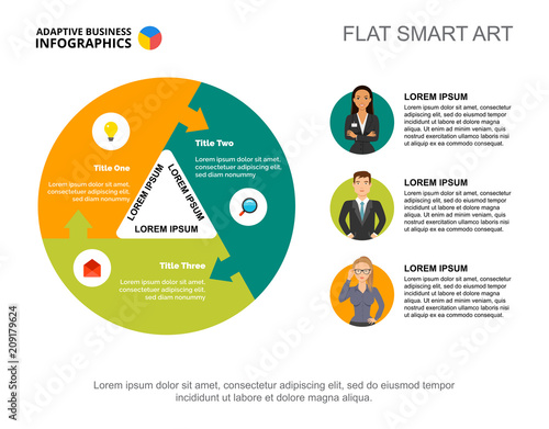 Three colleagues process chart template for presentation. Business data visualization. Cooperation, planning, teamwork or marketing creative concept for infographic, report, project layout.