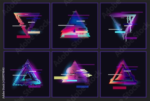 Glitched Triangle Frame Design set. Distorted Glitch Style Modern Background. Glow Design for Graphic Design - Banner, Poster, Flyer, Brochure, Card. Vector Illustration.
