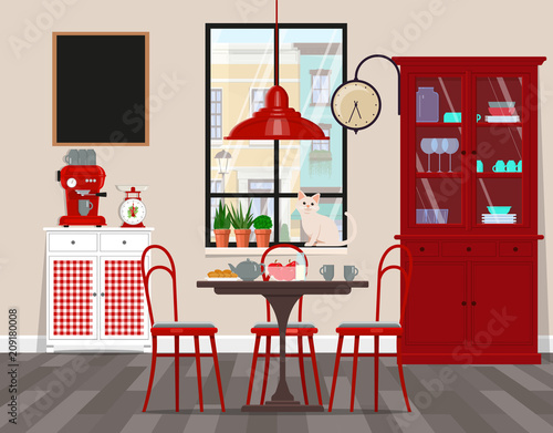 Interior design of cafe, kitchen, dining room in retro style. Vector flat illustration. Isolated vector objects...