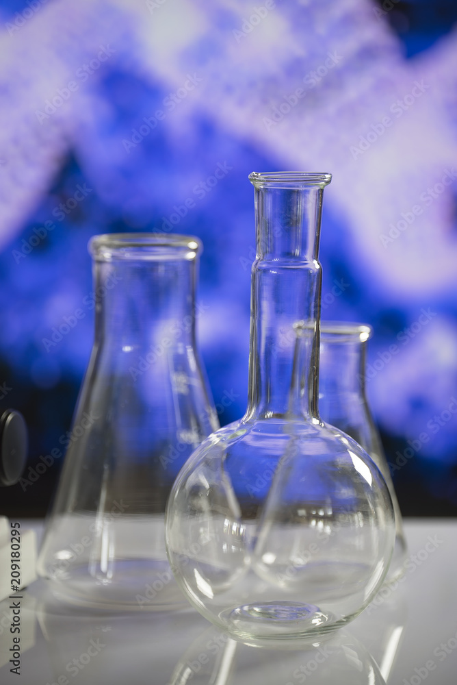 Science laboratory research and development concept. microscope with test tubes Science laboratory research and development concept. microscope with test tubes