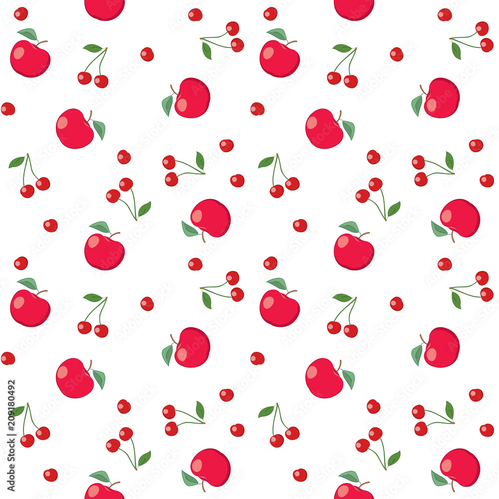 Naklejka czerwone jabłka i wiśnie na białym tle - bezszwowe wektor wzór