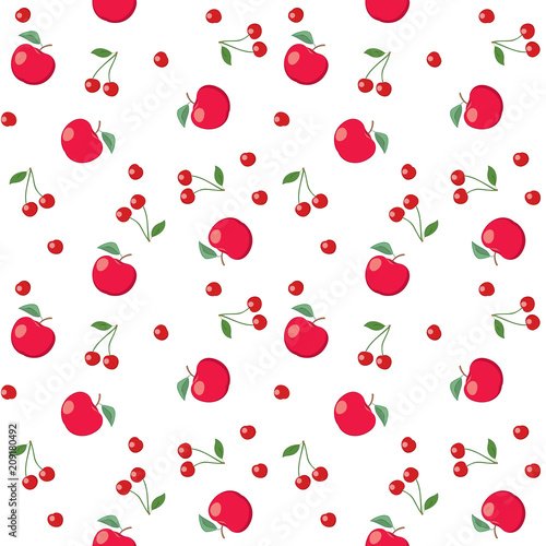 Naklejka czerwone jabłka i wiśnie na białym tle - bezszwowe wektor wzór