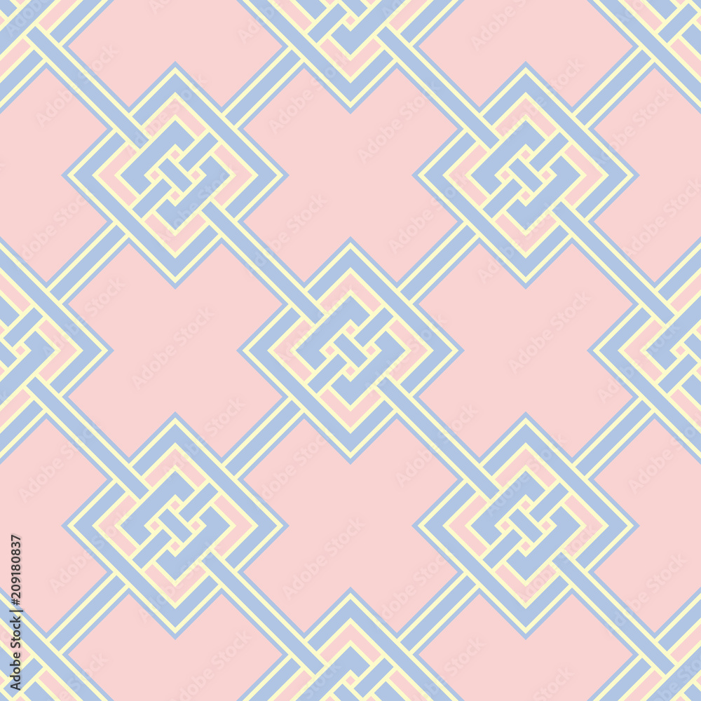 Seamless background with geometric pattern. Pink and beige elements on blue backdrop